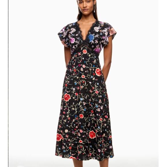 SEA NEW YOrk Black Embroidered Floral Midi Dress SIZE 6 Cocktail Designer $650
